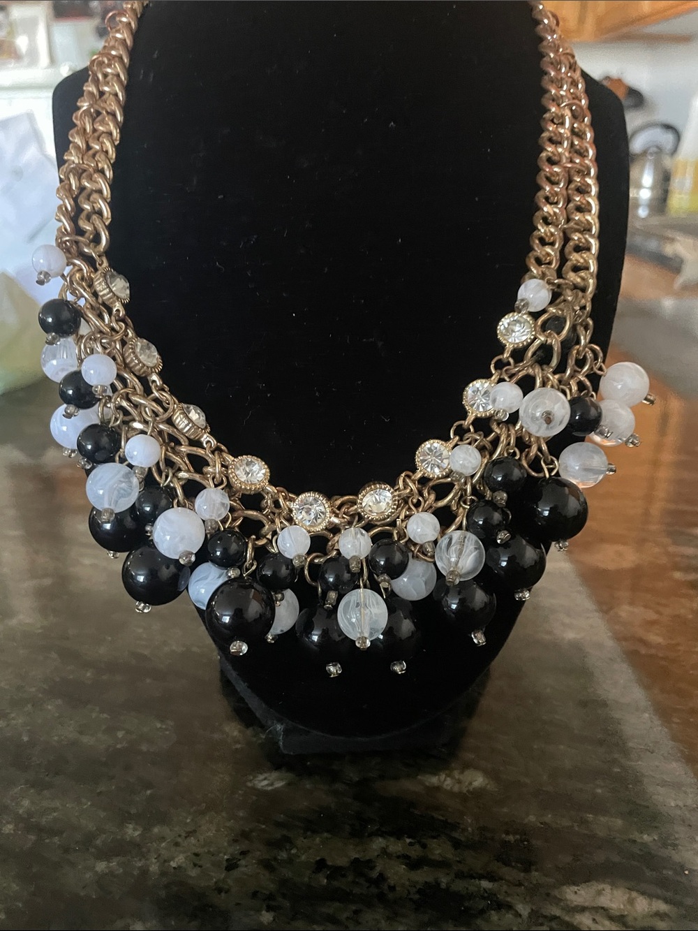 Talbots Gold-Tone Necklace with Black and White Bead Clusters